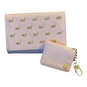 Betsey Johnson pink and gold bow crossbody, card holder, and bag charm gift set